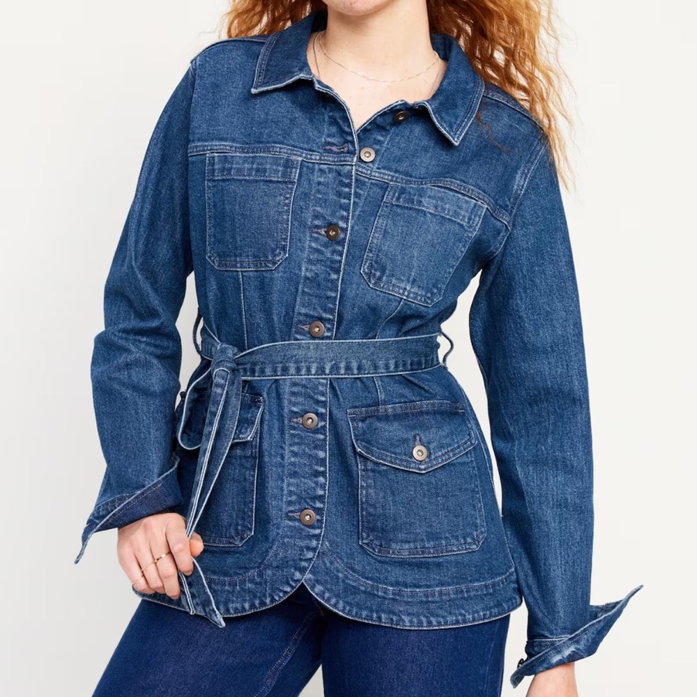 Old Navy Denim Jean Long Sleeve Button Front Utility Jacket Belted Waist
